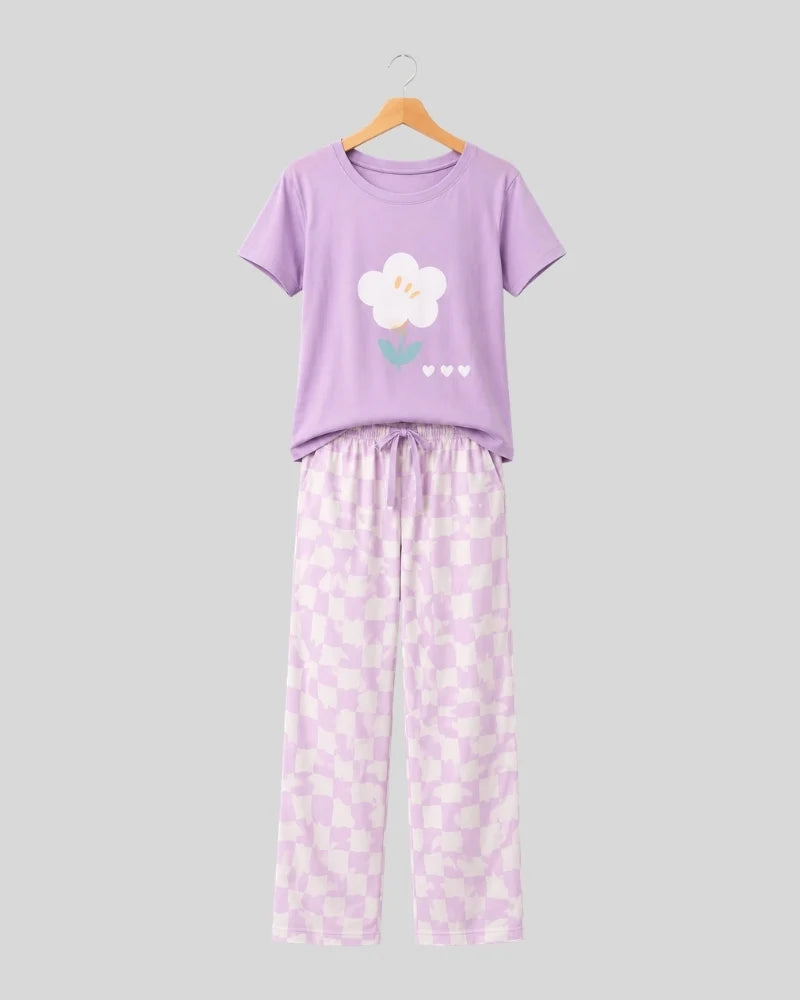 Flower Checkered Pajama Set