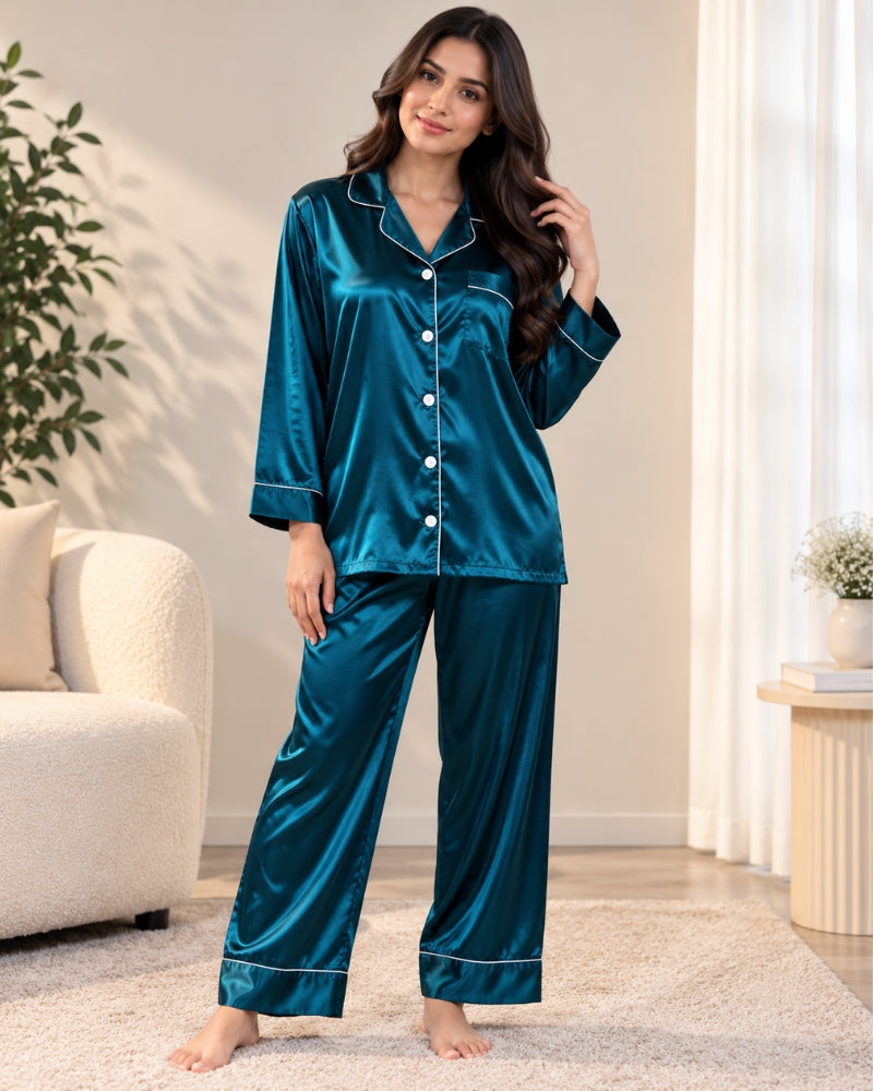 Classic Satin Piped Pajama Set