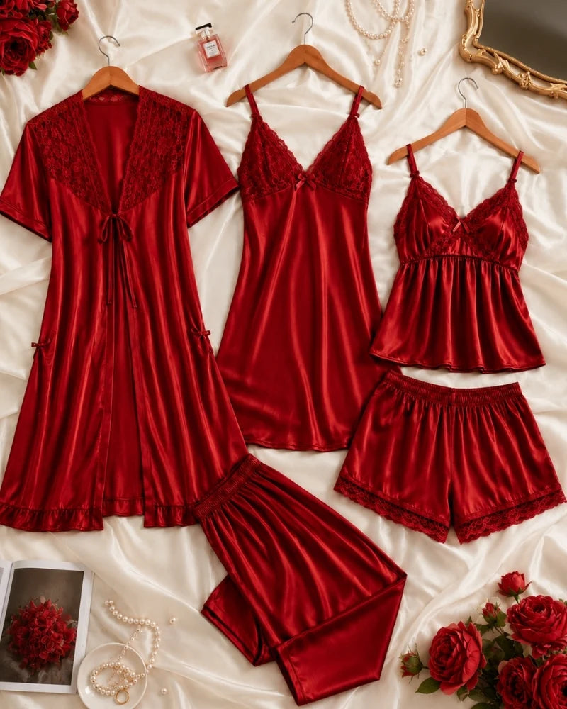 5-Piece Satin Lace Nightwear Set