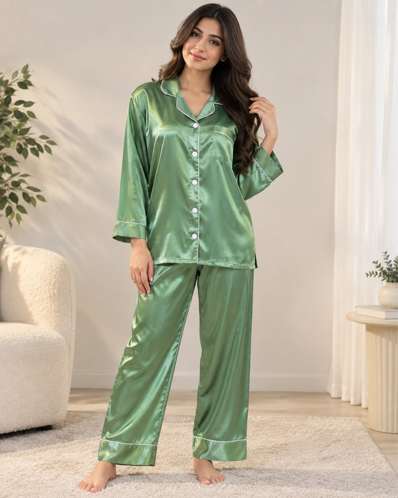 Classic Satin Piped Pajama Set