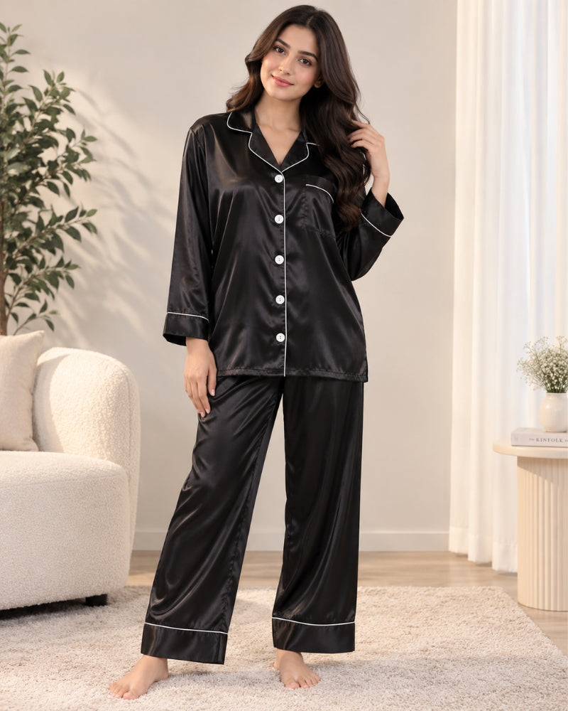 Classic Satin Piped Pajama Set