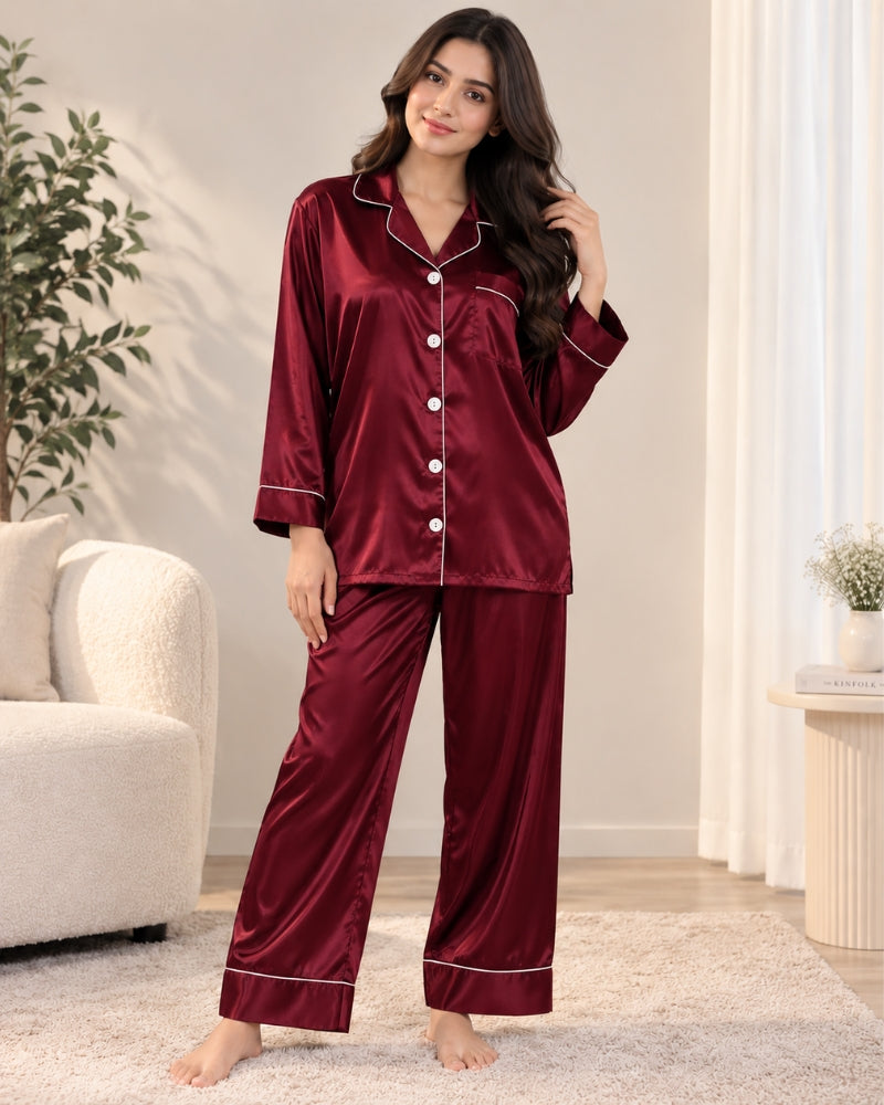 Classic Satin Piped Pajama Set