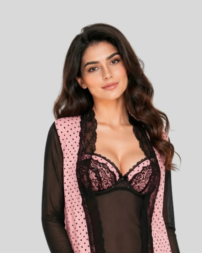 Lace Trim Polka Dot Sheer Robe Set