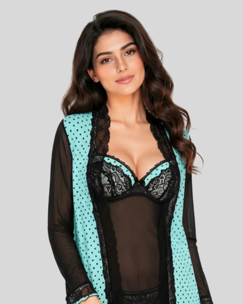 Lace Trim Polka Dot Sheer Robe Set