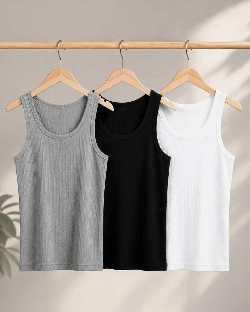 Ribbed Scoop-Neck Tank Top (Pack of 3: Grey, Black, White)