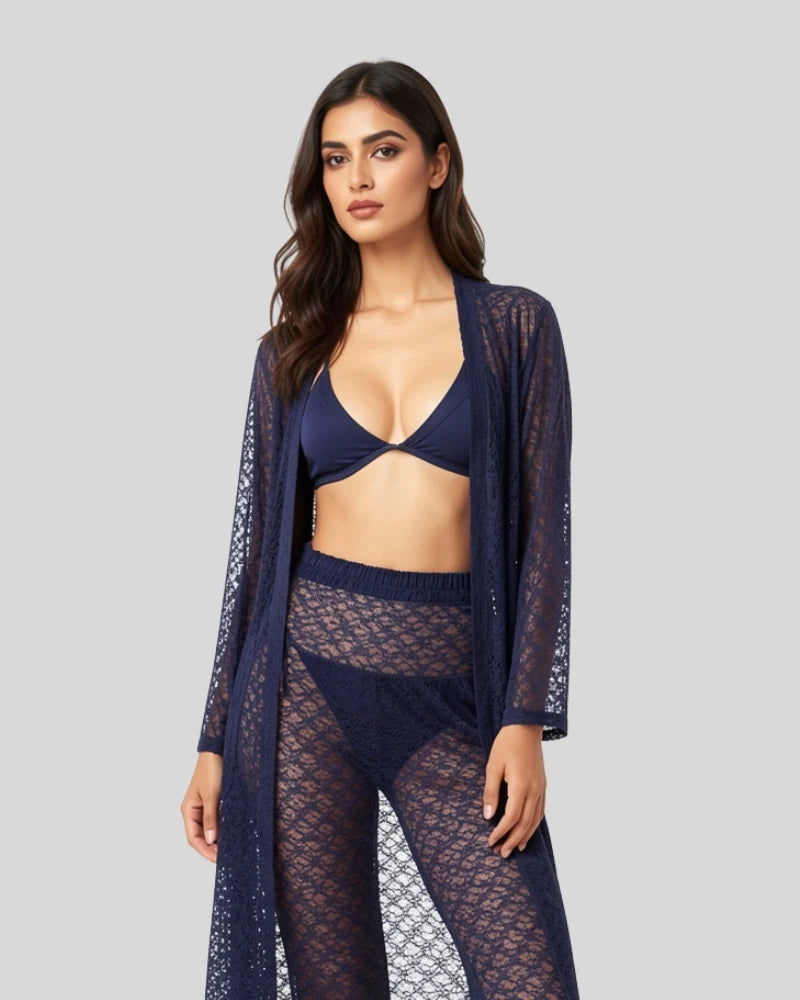 Sheer Lace Robe, Bralette & Pants Set