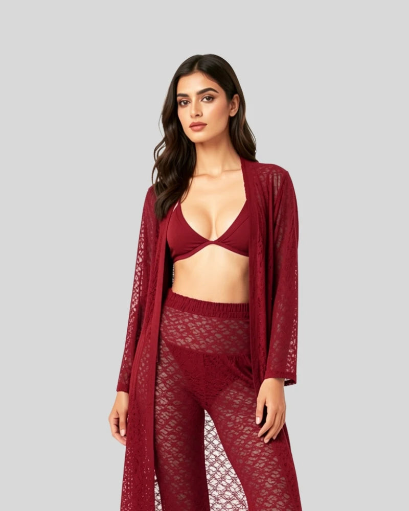 Sheer Lace Robe, Bralette & Pants Set