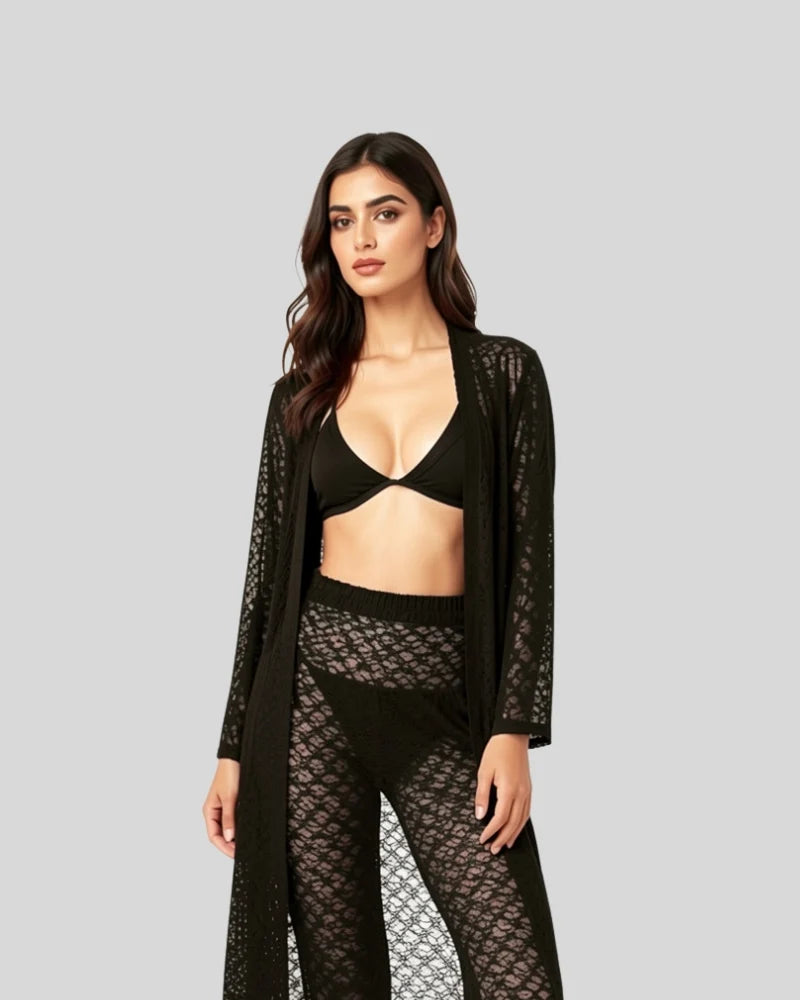 Sheer Lace Robe, Bralette & Pants Set