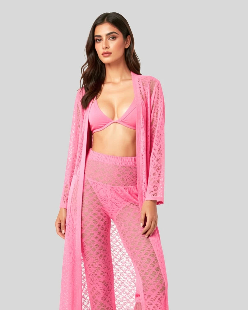 Sheer Lace Robe, Bralette & Pants Set