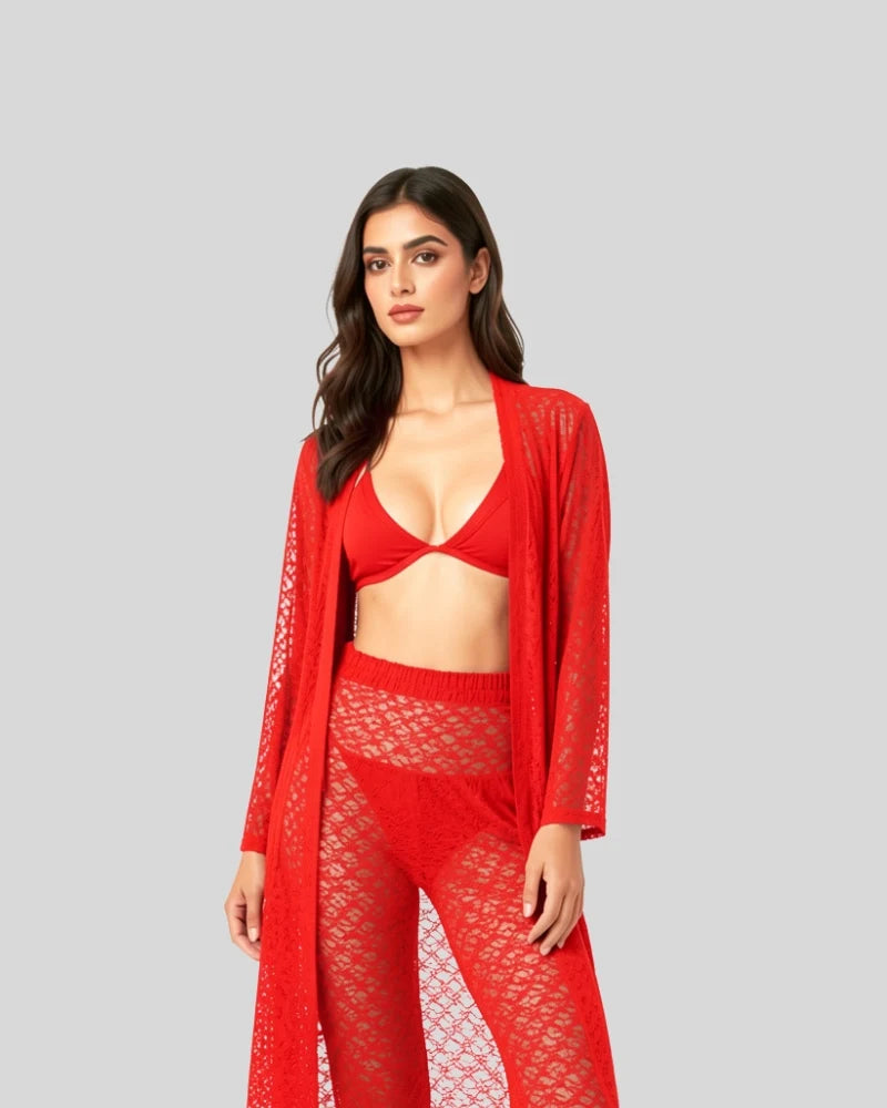 Sheer Lace Robe, Bralette & Pants Set